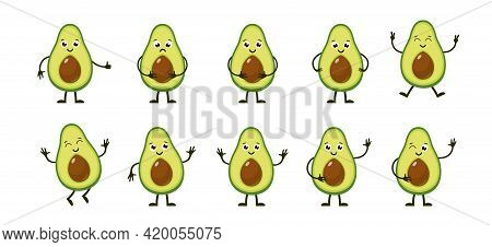 Cartoon Funny Fruits. Happy Avocado With Face. Summer Fruit Avocado Characters Isolated On White. Ve