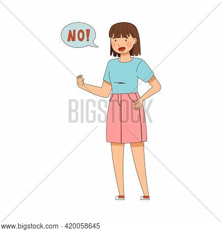 Woman Expressing Denial Saying No Showing Stop Sign With Her Hand Vector Illustration