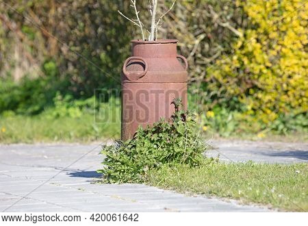 Old Rusted Milkcan Used For Decoration - The Netherlands