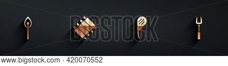 Set Burning Match With Fire, Grilled Pork Bbq Ribs, Rib Eye Steak And Barbecue Fork Icon With Long S