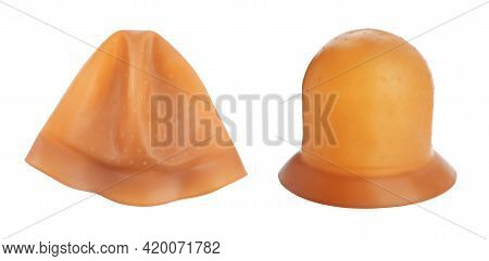 Rubber Waterproof Shower Caps On White Background, Collage