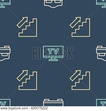 Set Line Hotel Room Bed, Stairs Up And Smart Tv On Seamless Pattern. Vector