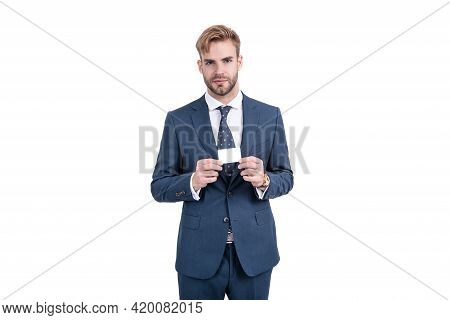 Boss With Id. Contact Me. Businessman Demonstrating Credit Or Debit Card.