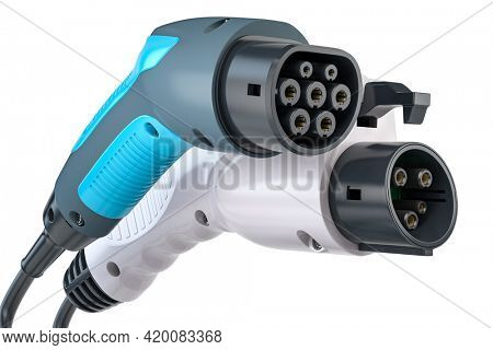 Electric car charger plugs of two different types isolated on white background. 3d illustration