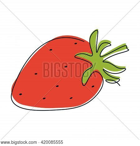 Continuous Single Line Drawing Of Strawberry With Color. One Line Drawing Of A Whole Fruit. Abstract