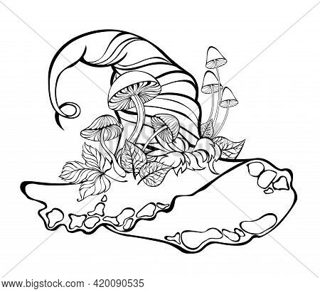 Contour Witch Hat With Artistically Drawn Mushrooms, Leaves And Moss On White Background. Coloring.