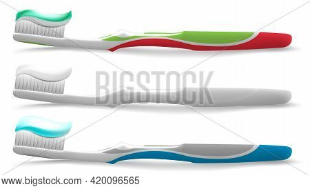 Realistic Detailed 3d Toothbrush With Toothpaste Set. Vector