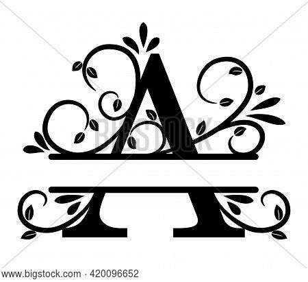 Split Letter A Monogram. Elegant Letter A With Curls And Leaves. Split Letter, Place To Insert First