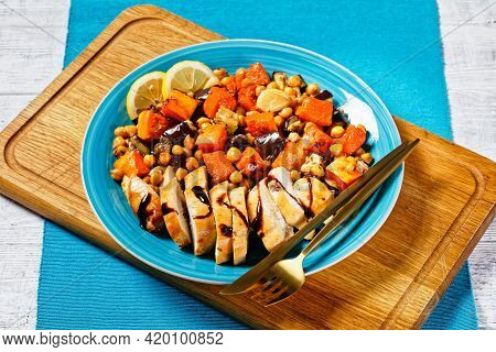 Moroccan Salad Of Roasted Vegetables: Pumpkin, Eggplant, With Chickpeas, Lemon And Baked Chicken Bre