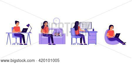 Young Woman Work At Home Office With Laptop Or Computer. Busy Woman Work In Various Place. Workflow,