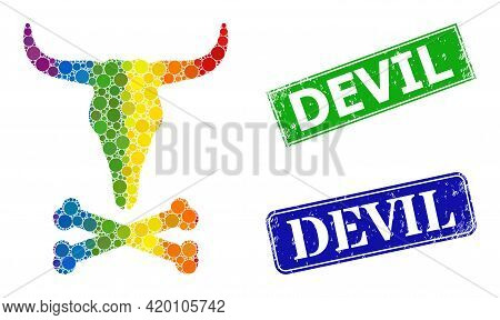 Spectrum Colored Gradient Circle Collage Dead Bull Bones, And Devil Grunge Framed Rectangle Stamp Se