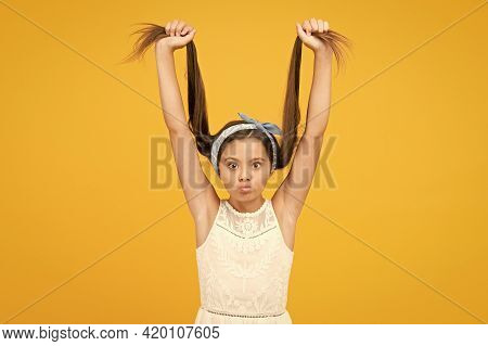 Hair Straightening. Adorable Little Girl Perfect Long Hair. Shampoo And Conditioner. Hairdresser Sal