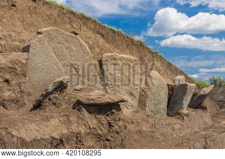 Excavations Place Of Gravestone Plates In Ancient Burial Mound In Novooleksandrivka Village In Ukrai