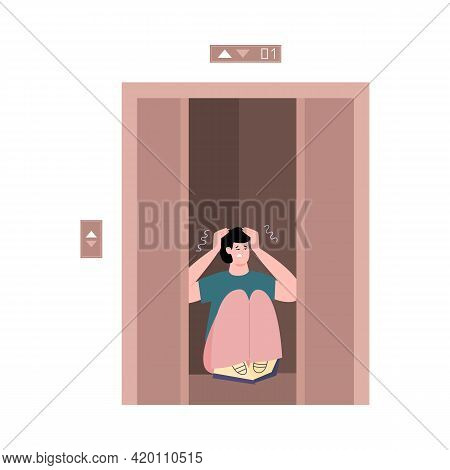 Man With Claustrophobia In Elevator Flat Cartoon Vector Illustration Isolated.