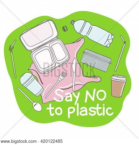Say No To Plastic Poster. Concept Of Prevention Of Plastic Pollution. Eco-friendly Sustainable Lifes