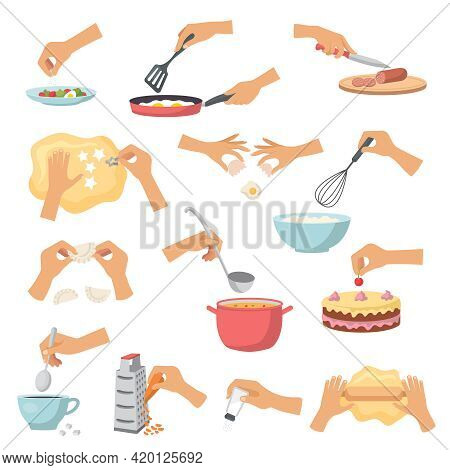 Hands Preparing Food. Kitchen Cooking Utensils Preparing Products Processes Soup Cakes Fish And Sala