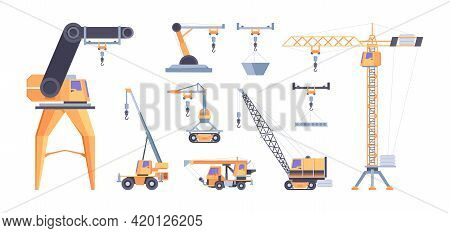 Cranes For Builders. Construction Vehicles Industrial Loaders Hoisting Machines Ropes With Hook Tran