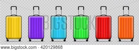 Different Colors Luggage. Realistic Modern Travel Plastic Bags Standing In Row, Shockproof Bright Fl