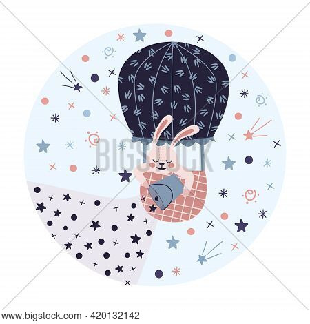 Little Bunny In A Hot Air Balloon. Vector Good Nignt And Sweet Dreams Concept For Kids, Isolated On 