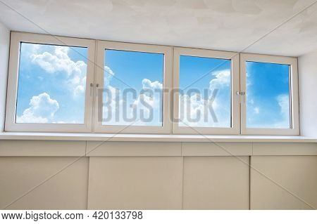 Fresh White Modern Dormer Window With Blue Sky And White Clouds View, New Dormer, Roof Window In Emp