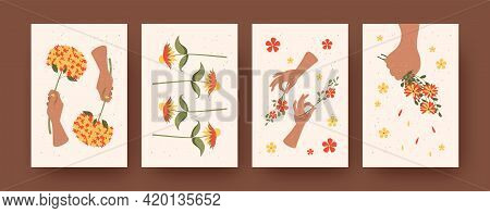 Set Of Contemporary Art Posters With Flower Arrangement Theme. Vector Illustration. .hands Holding B