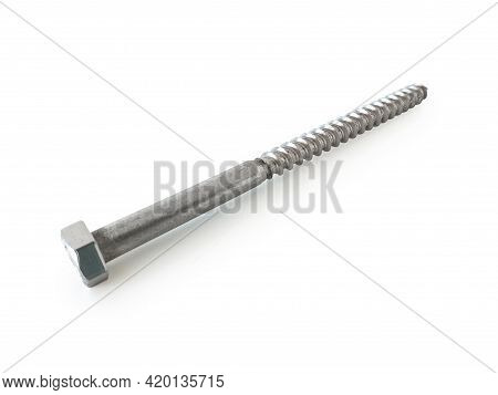 Aerial View Of Isolated Metal Self Tapping Screw. Screw Isolated On White Background. Self-drilling 