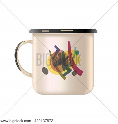 Metal Enamel Mug With An Abstract Painting. Old Style. Isolated White Background. Vector Illustratio