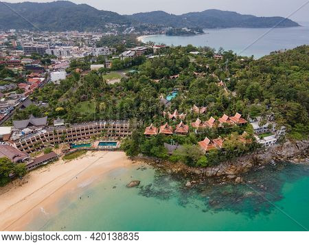 Aerial View Of Cape Between Karon And Kata Beach In Phuket. Beautiful Scenery Beach Of Andaman Sea. 