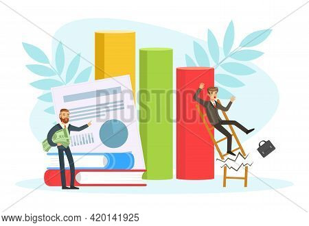 Unsuccessful Businessman Falling Down From Broken Ladder, Business Failure, Work Mistake, Bankruptcy
