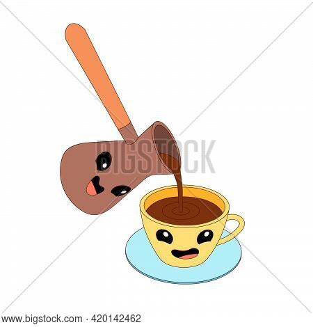 Cartoon Cezve And Cup With Coffee. Cezve  Is Pouring Coffee Into A Cup, Cezve And Cup Are Emoji.