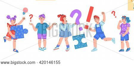 School Children Have Questions, Asking And Doubting. Smart Kids Thinking And Trying To Solve A Task,