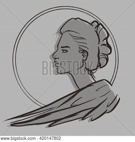 Silhouette Of The Character Of Old Russian Fairy Tales. Sirin. Black And White Illustration. Lineart