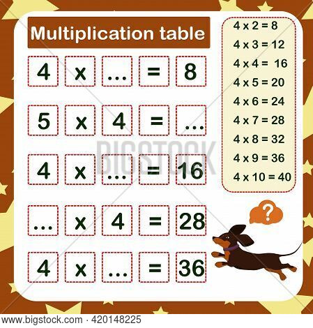 Vector Illustration Of The Multiplication Table By 4 With A Task To Consolidate The Knowledge Of Mul