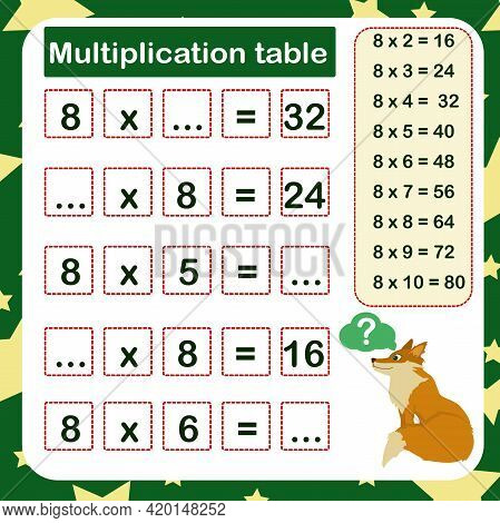 Vector Illustration Of The Multiplication Table By 8 With A Task To Consolidate The Knowledge Of Mul