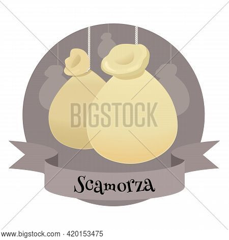 Italian Smoked Cheese Scamorza. Colorful Cartoon Style Illustration On Decorative Background For Caf