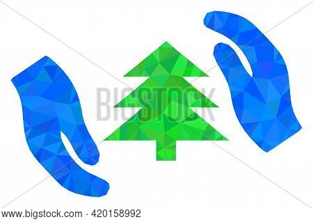 Triangle Fir Tree Care Hands Polygonal Icon Illustration. Fir Tree Care Hands Lowpoly Icon Is Filled