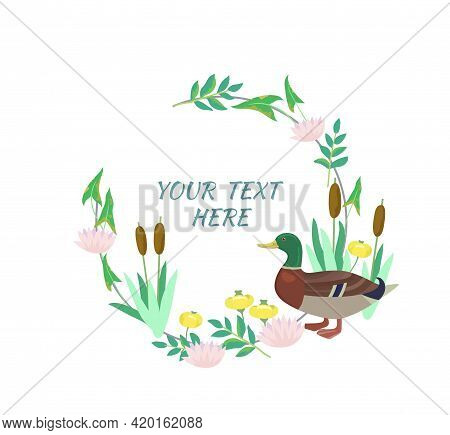 Cute Vector Frame Illustrations With Duck, Cane And Lily Flowers.
