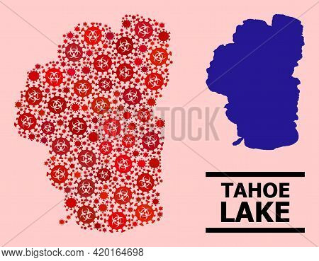Vector Covid-2019 Mosaic Map Of Tahoe Lake Constructed For Pharmacy Illustrations. Red Mosaic Map Of