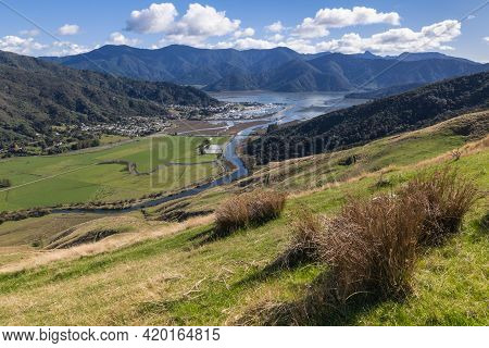 Grassy Hills Above Havelock Town And Pelorus Sound In Marlborough, South Island, New Zealand