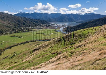 Pelorus Sound With Havelock Marina In Marlborough Region Of South Island, New Zealand