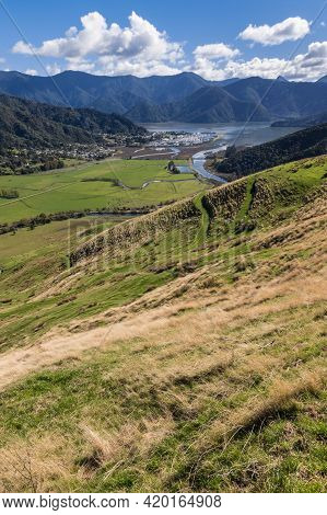View Of Havelock Town And Pelorus Sound From Kaituna Ridges In Marlborough Region, South Island, New