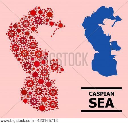 Vector Covid Mosaic Map Of Caspian Sea Combined For Hospital Applications. Red Mosaic Map Of Caspian