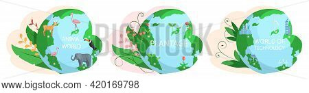 Set Of Illustrations About Earth Animal World, Plantage, Technology. Biodiversity, Conservation Of N