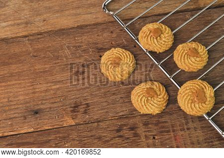 Top View Of Biscoff Butter Cookies. Malaysian Traditional Cookies Served During Eid Fitri.