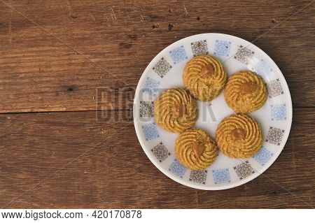 Biscoff Butter Cookies On White Plate. Malaysian Traditional Cookies Served During Eid Fitri