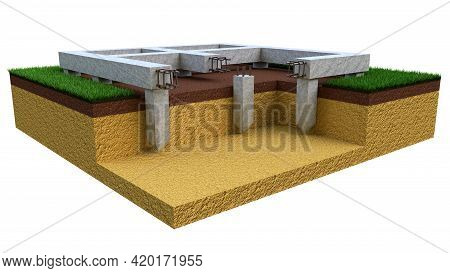Pier And Beam Foundation. Isolated Cgi Industrial 3d Illustration
