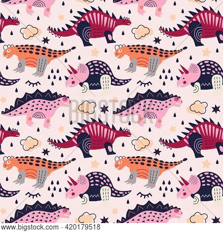Vector Illustration. Dinosaurs Seamless Pattern. Triceratops, Stegosaurus And Nodosaurus On Ivory Ba