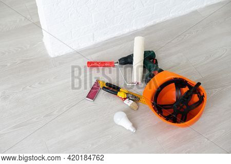 Different Tools On A Wooden Background. Instruments.