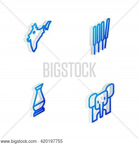Set Isometric Line Aroma Sticks, Incense, India Map, Indian Vase And Elephant Icon. Vector