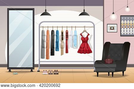 Cloakroom Storage Room Interior With Foot Wear Under Clothing Rack Standing Mirror Armchair Lighting